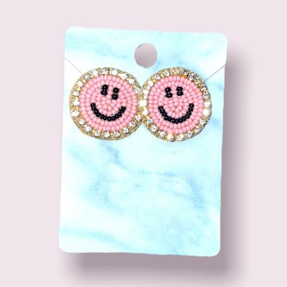 Pink Smiley Beaded Rhinestone Post Studs Earrings - Picture 1 of 5